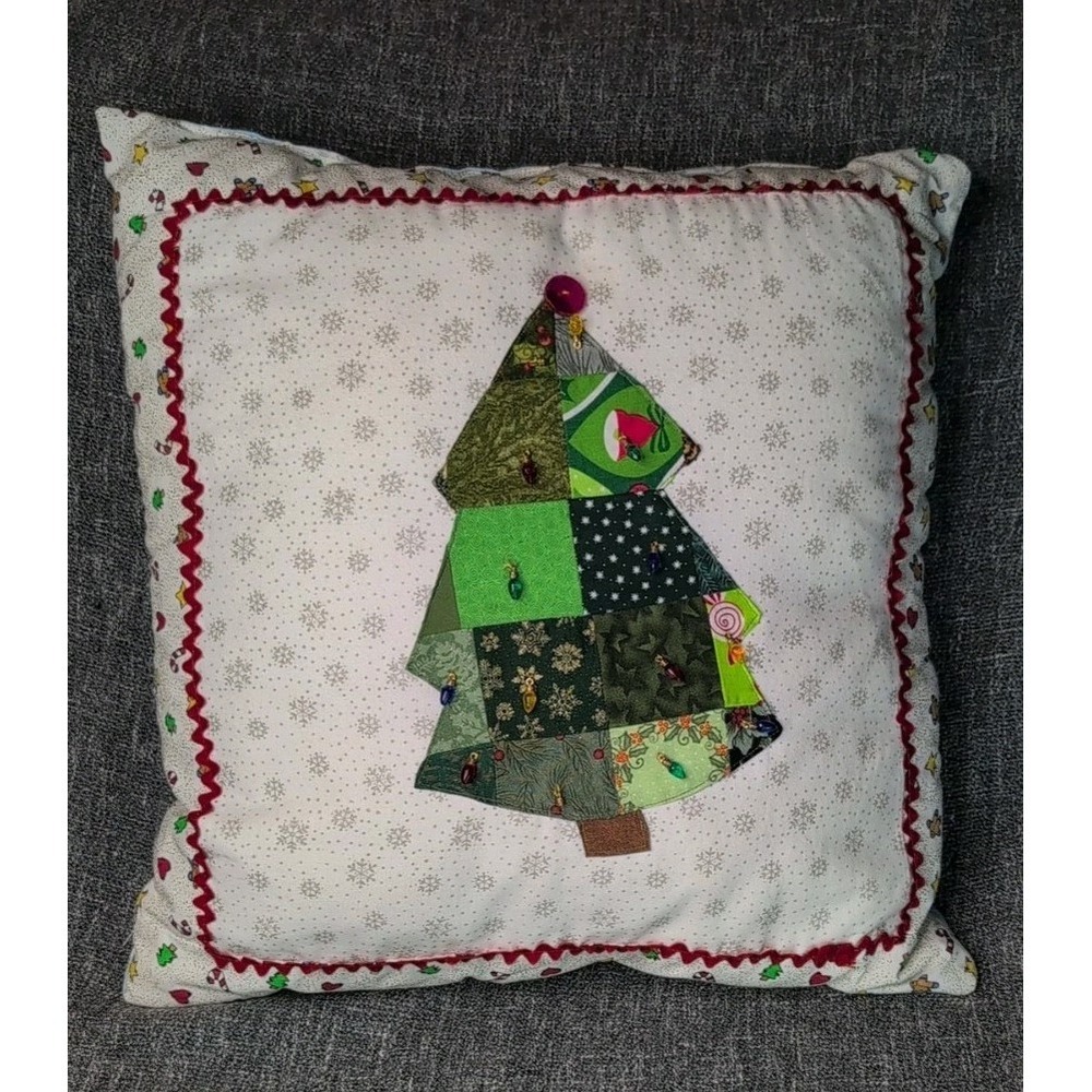 Handmade Patchwork Christmas Tree Pillow 16x16 White Accent Holiday Decor